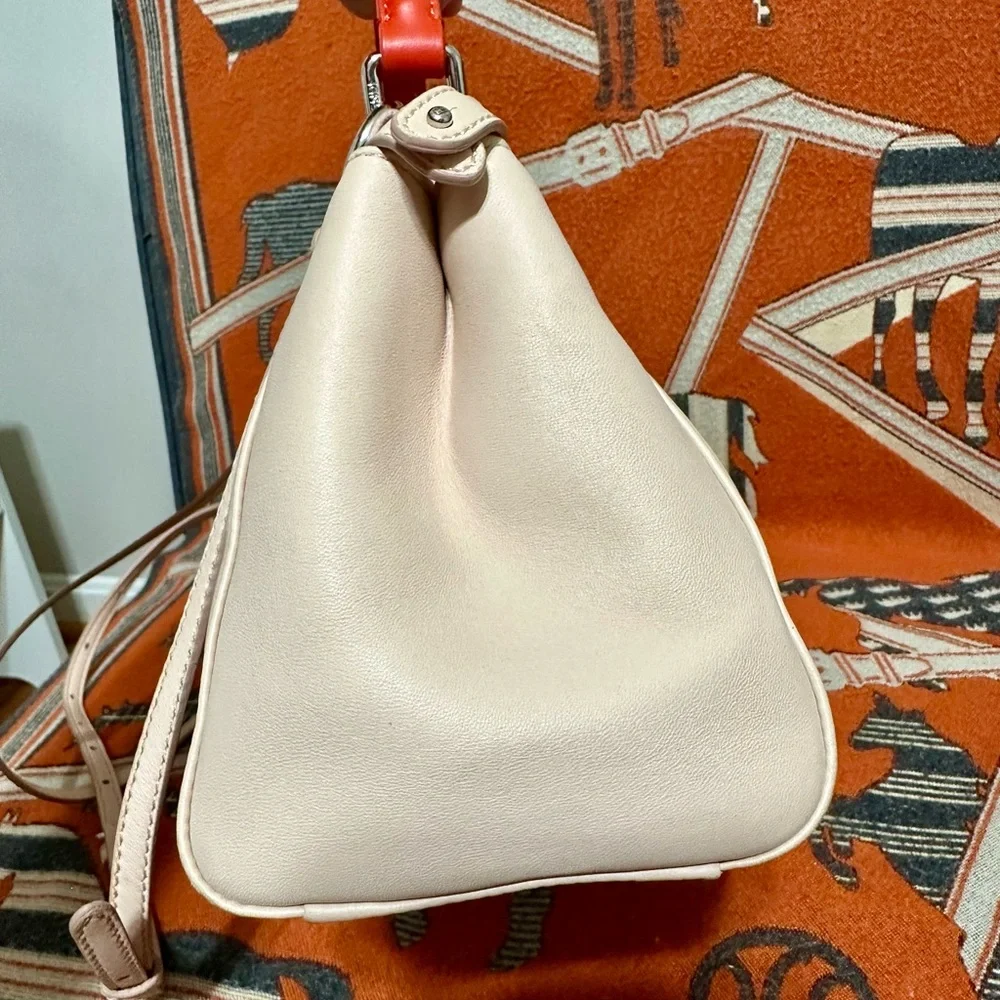Fendi Peekaboo Cream/blush Leather Satchel with Red Handle and Silver Hardware